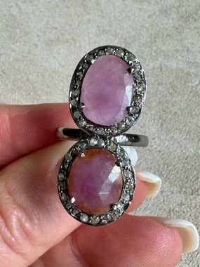 The Woods Pink Rose Quartz Double Oval Ring with Diamond Halo